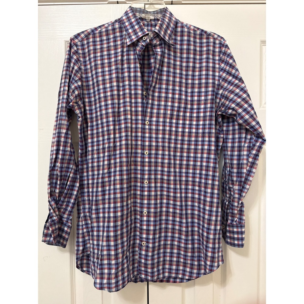 Peter Millar Mens Medium Cotton Button Down Shirt Multi Color Check Long Sleeve